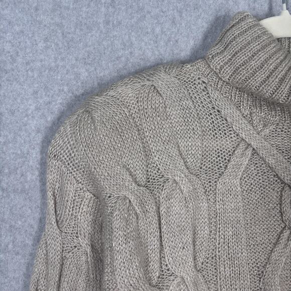 VTG 80s Sweater Medium Tan Cable Knit‎ Turtleneck Fisherman Mohair Wool Neutral - Picture 4 of 10